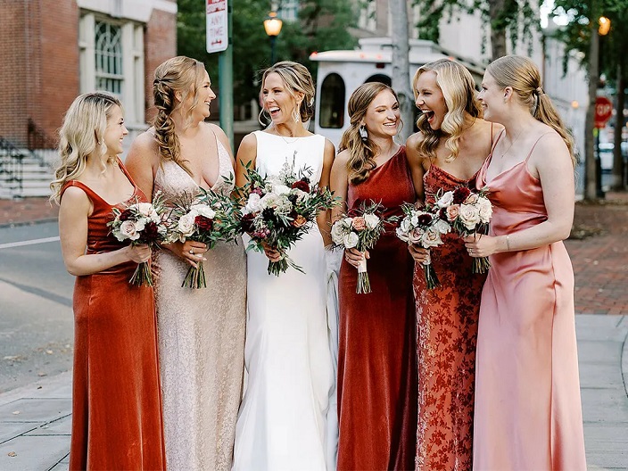 Toast to Romance: An Elegant Mix of Red and Champagne Bridesmaid Dresses